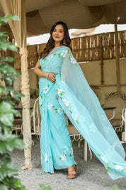 Aqua Bloom (Pure Chiffon Hand Painted Saree)