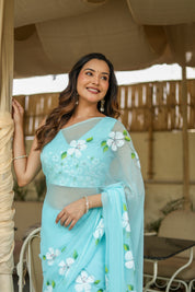 Aqua Bloom (Pure Chiffon Hand Painted Saree)