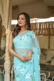Aqua Bloom (Pure Chiffon Hand Painted Saree)