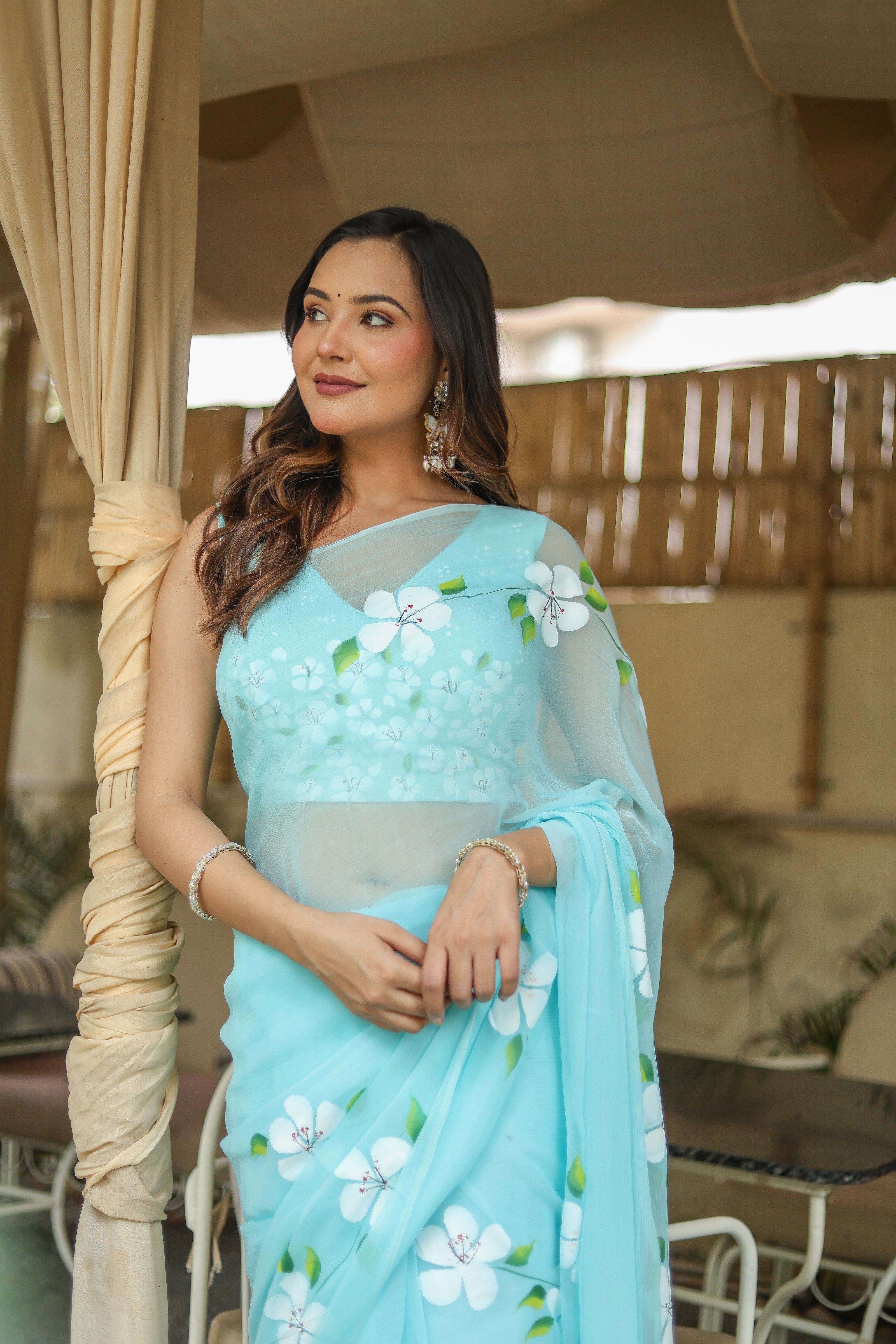 Aqua Bloom (Pure Chiffon Hand Painted Saree)