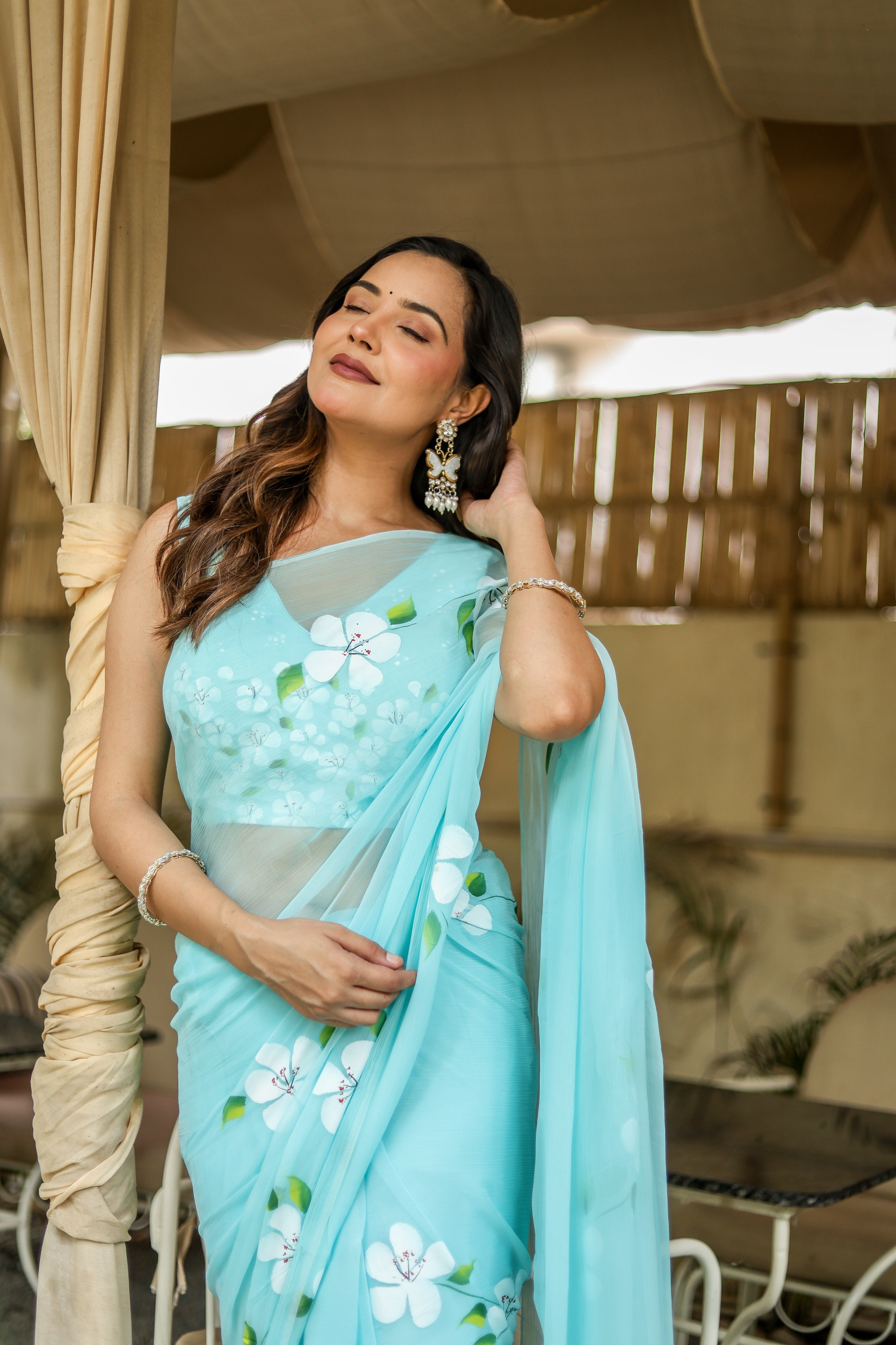 Aqua Bloom (Pure Chiffon Hand Painted Saree)