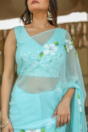 Aqua Bloom (Pure Chiffon Hand Painted Saree)
