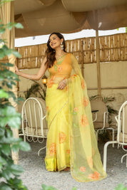 Golden Blossom (Pure Organza Handpainted Saree)