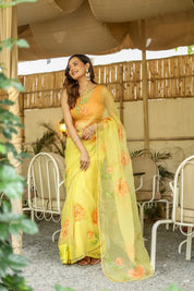 Golden Blossom (Pure Organza Handpainted Saree)