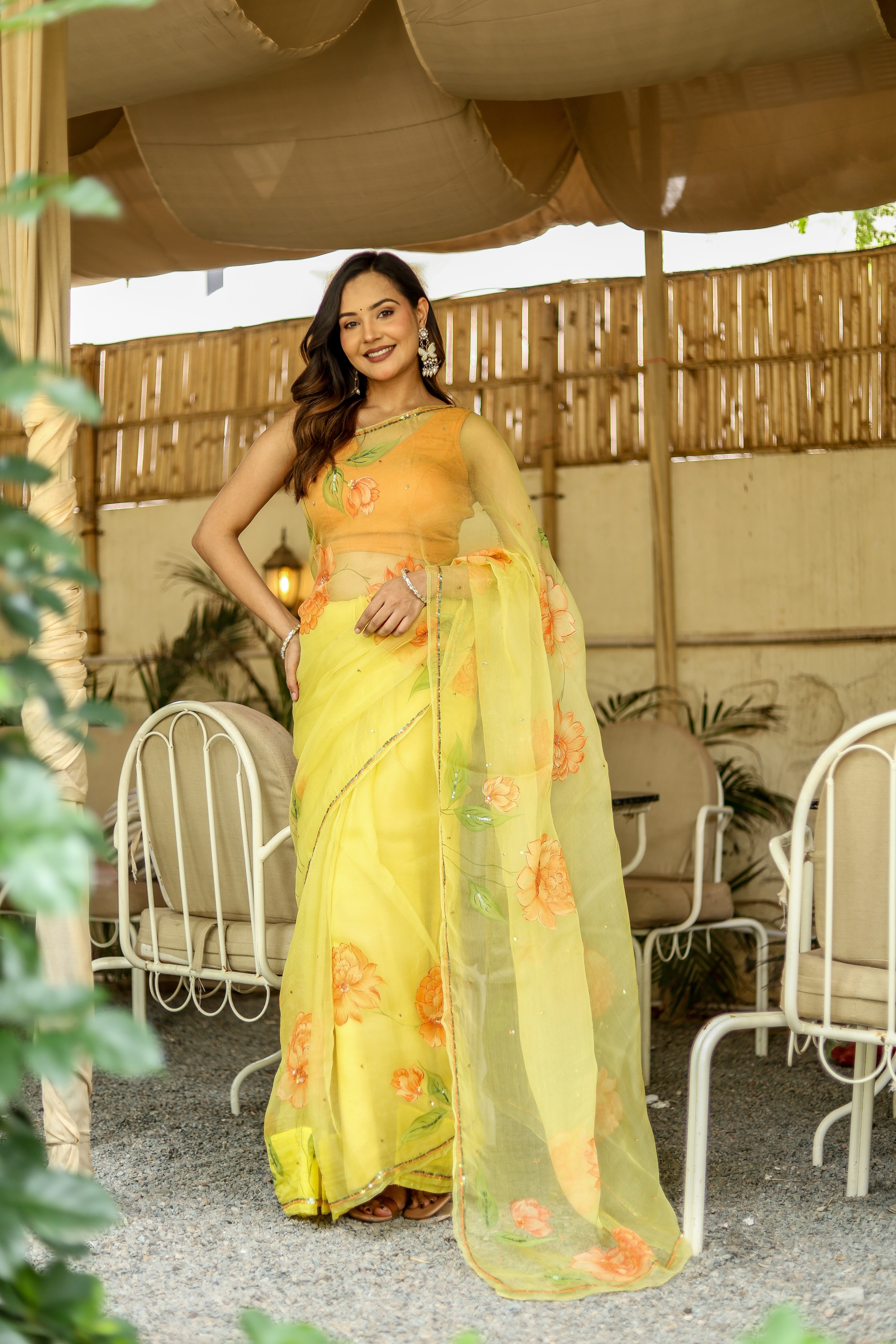 Golden Blossom (Pure Organza Handpainted Saree)