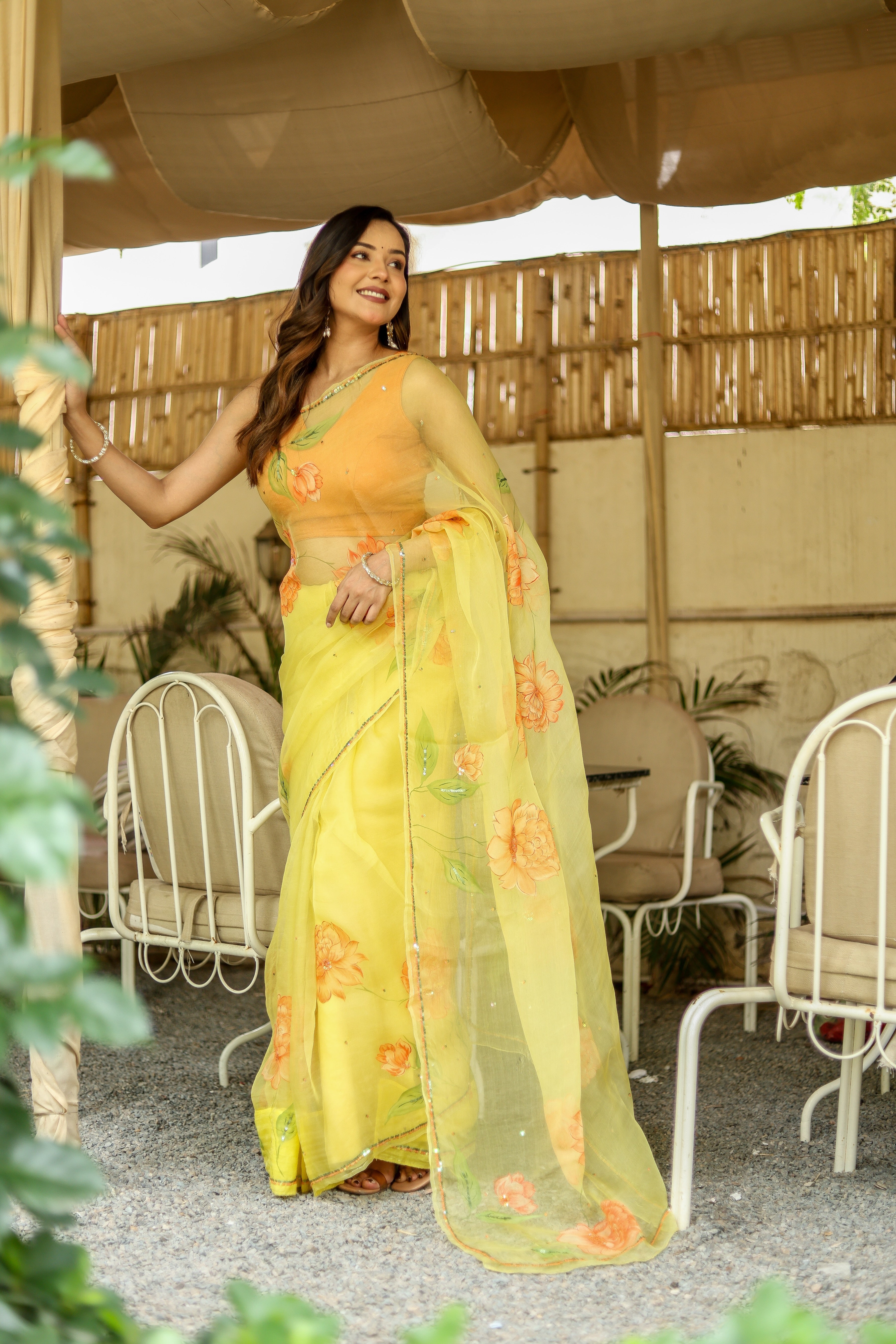 Golden Blossom (Pure Organza Handpainted Saree)
