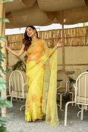 Golden Blossom (Pure Organza Handpainted Saree)