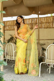 Golden Blossom (Pure Organza Handpainted Saree)