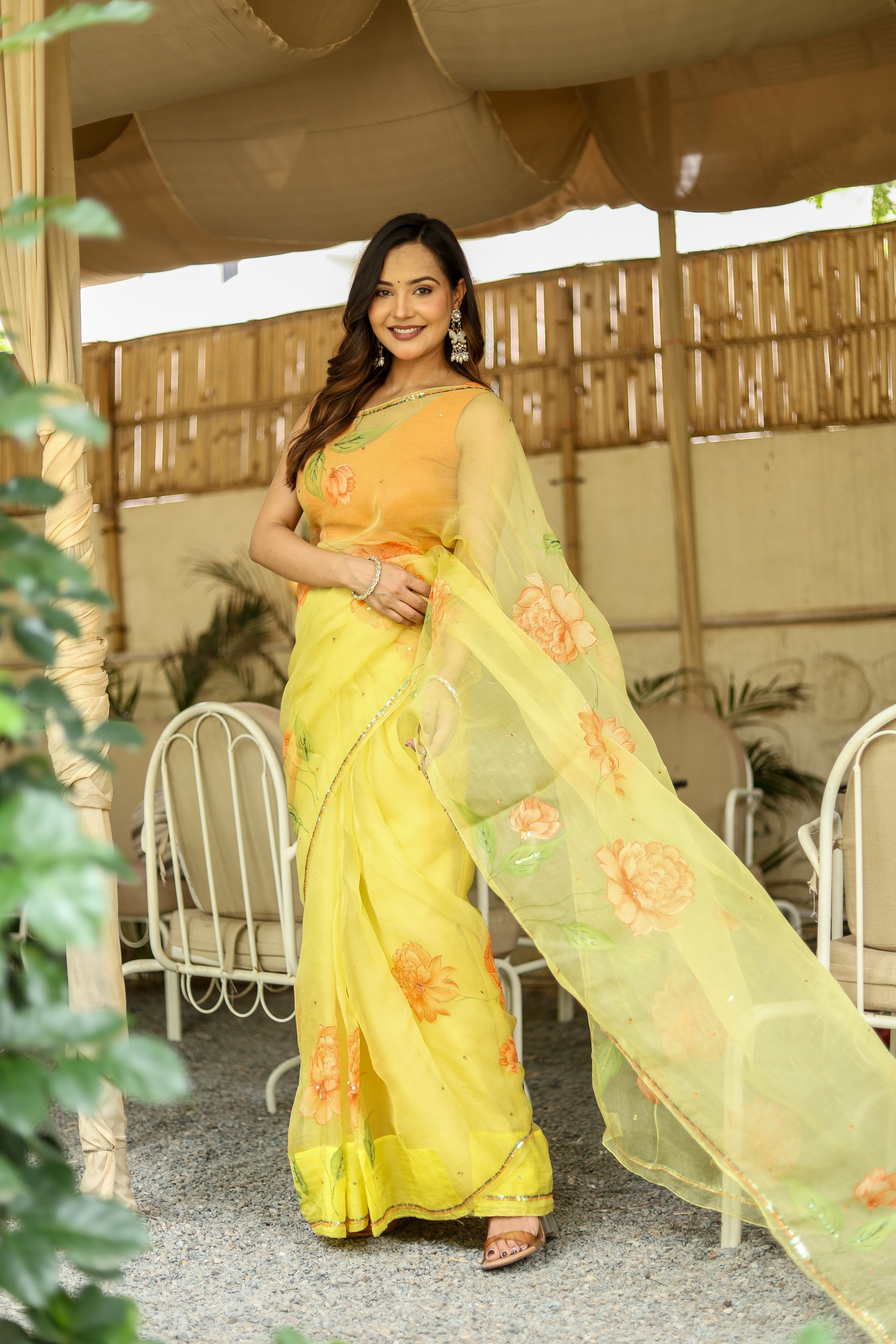 Golden Blossom (Pure Organza Handpainted Saree)