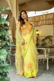 Golden Blossom (Pure Organza Handpainted Saree)