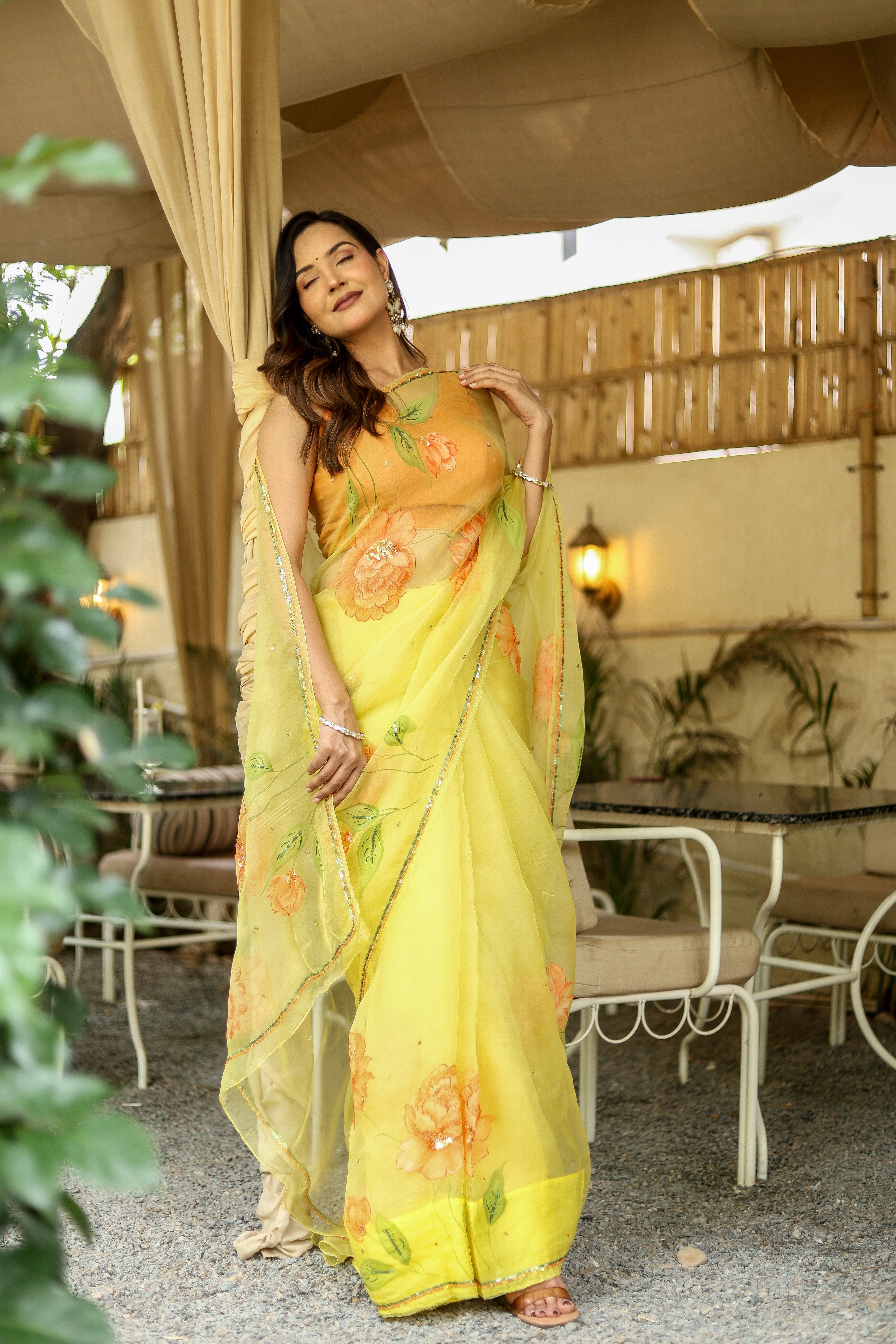 Golden Blossom (Pure Organza Handpainted Saree)