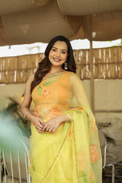 Golden Blossom (Pure Organza Handpainted Saree)