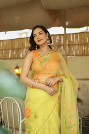 Golden Blossom (Pure Organza Handpainted Saree)