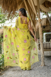 Golden Lotus (Pure Chiffon Hand Painted Saree)