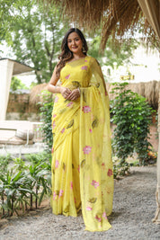 Golden Lotus (Pure Chiffon Hand Painted Saree)
