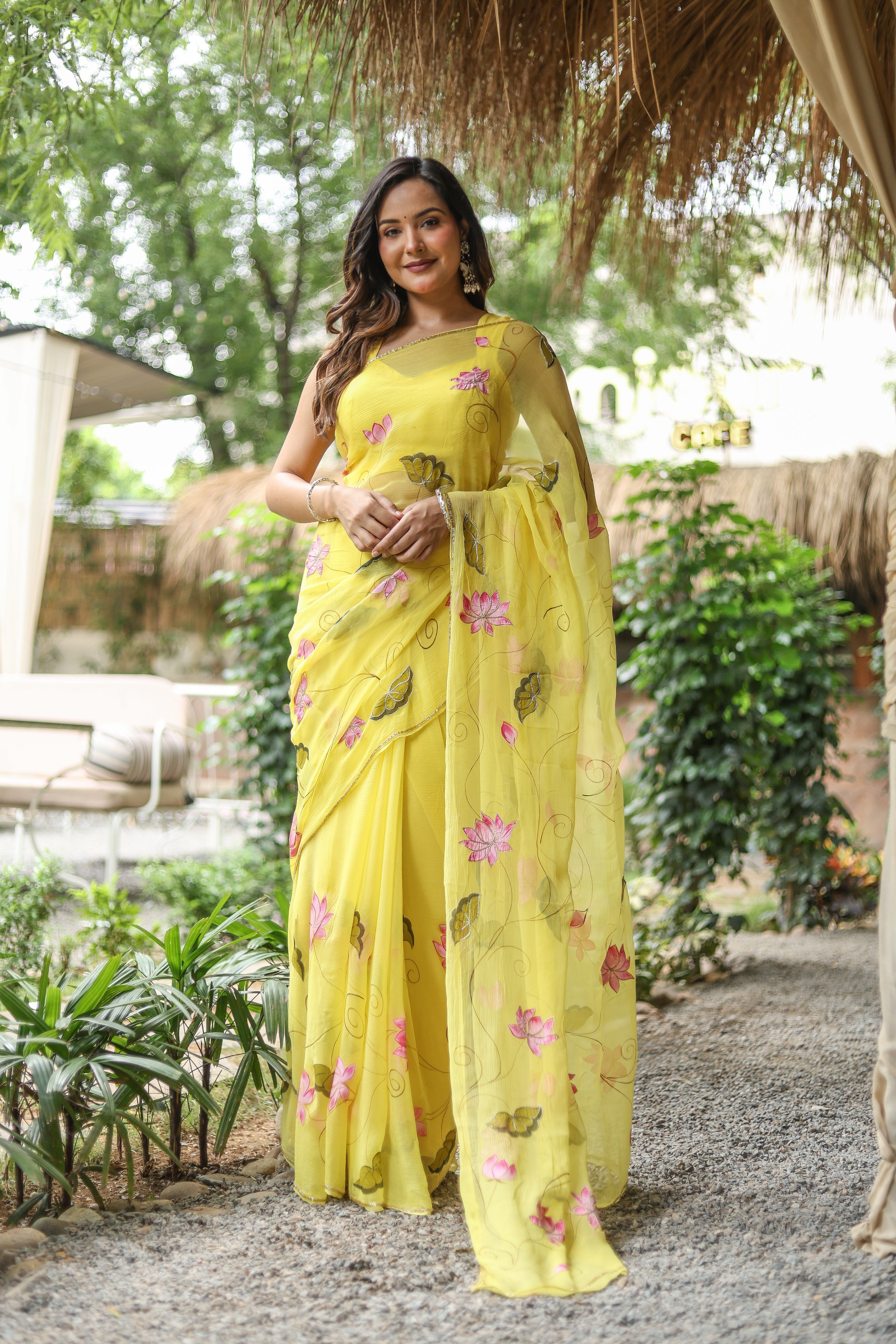 Golden Lotus (Pure Chiffon Hand Painted Saree)