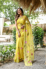 Golden Lotus (Pure Chiffon Hand Painted Saree)