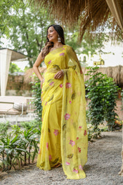 Golden Lotus (Pure Chiffon Hand Painted Saree)