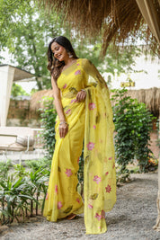 Golden Lotus (Pure Chiffon Hand Painted Saree)