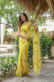 Golden Lotus (Pure Chiffon Hand Painted Saree)