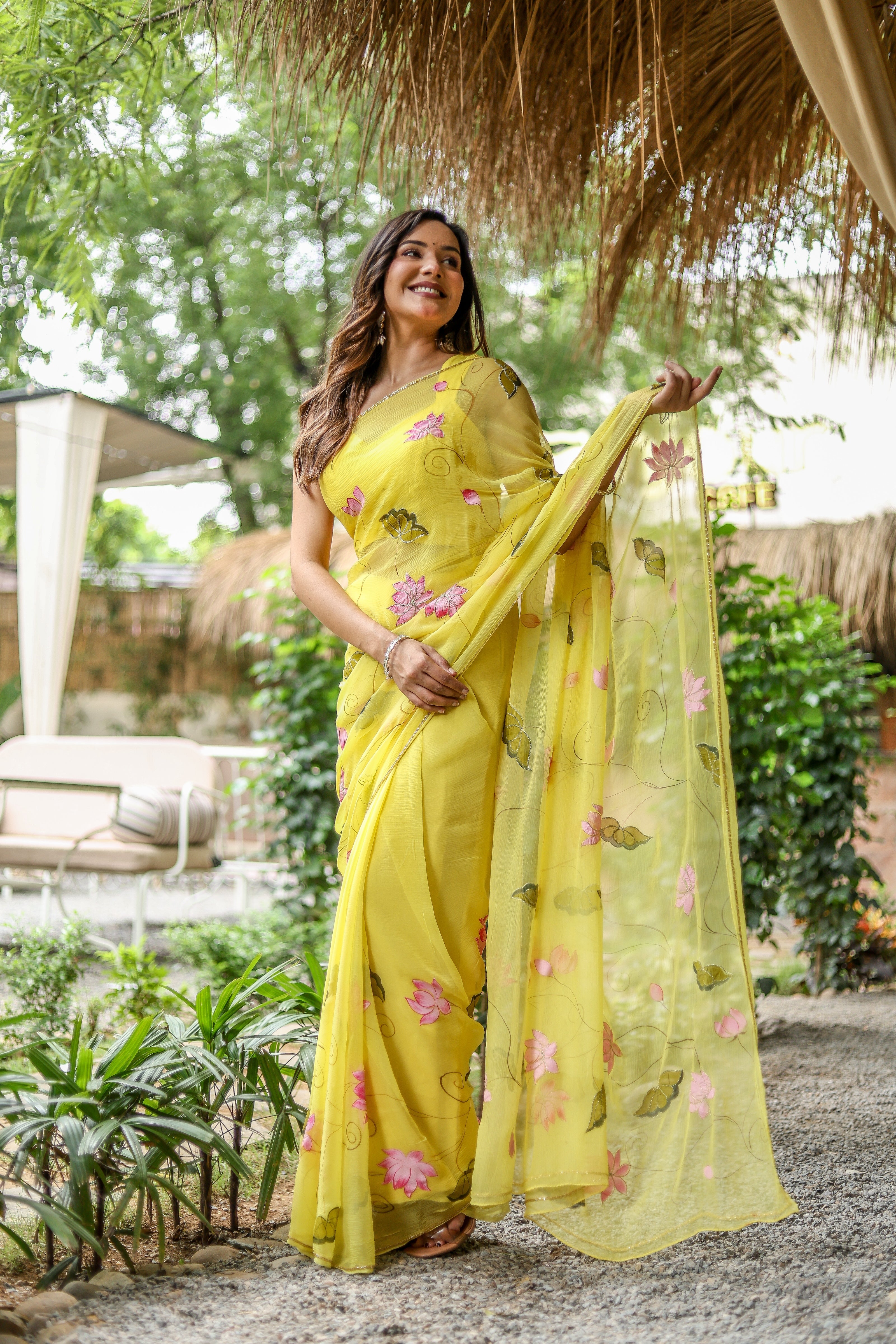 Golden Lotus (Pure Chiffon Hand Painted Saree)