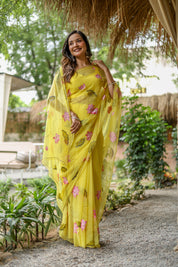 Golden Lotus (Pure Chiffon Hand Painted Saree)