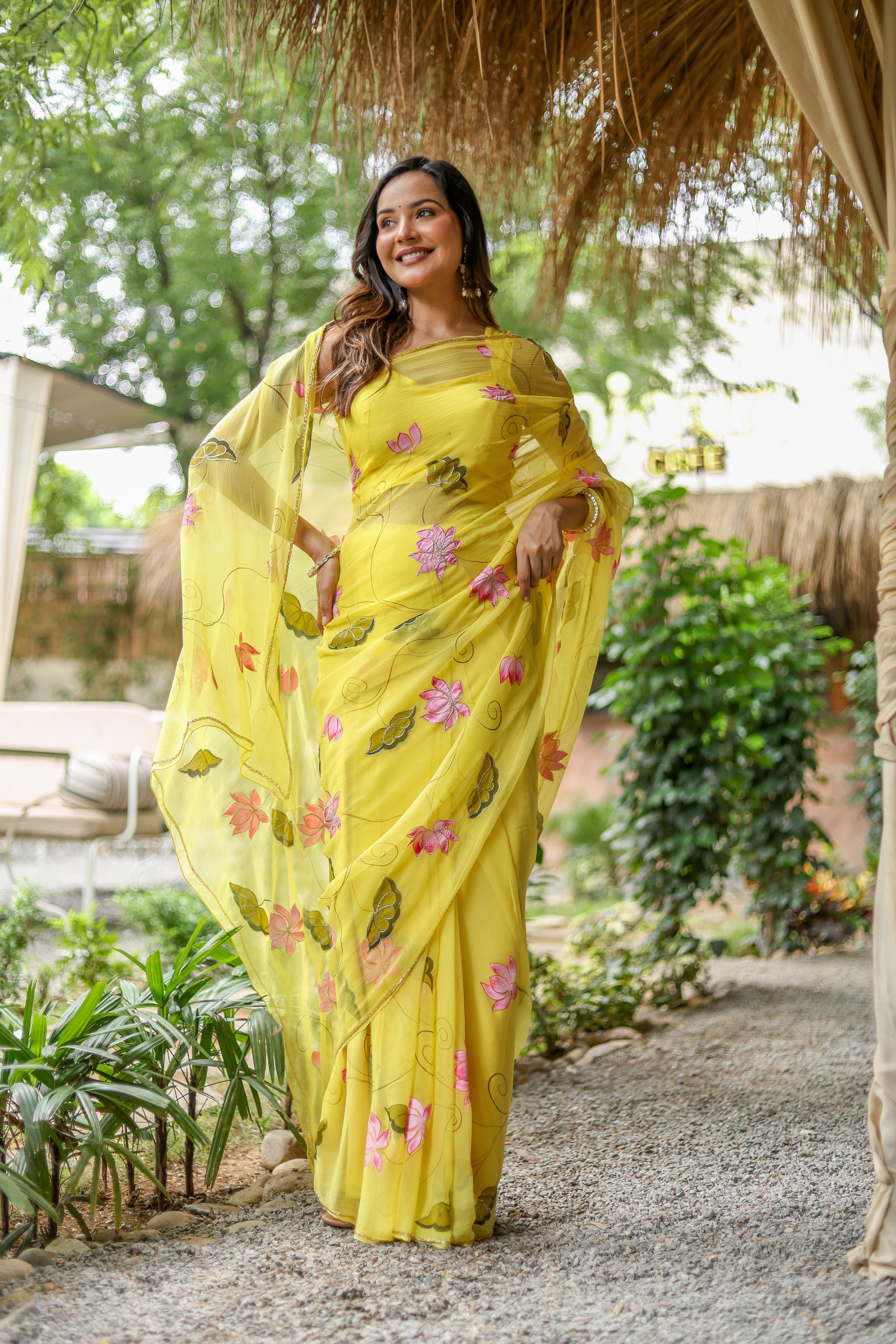 Golden Lotus (Pure Chiffon Hand Painted Saree)