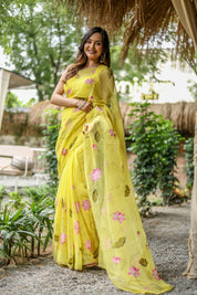 Golden Lotus (Pure Chiffon Hand Painted Saree)