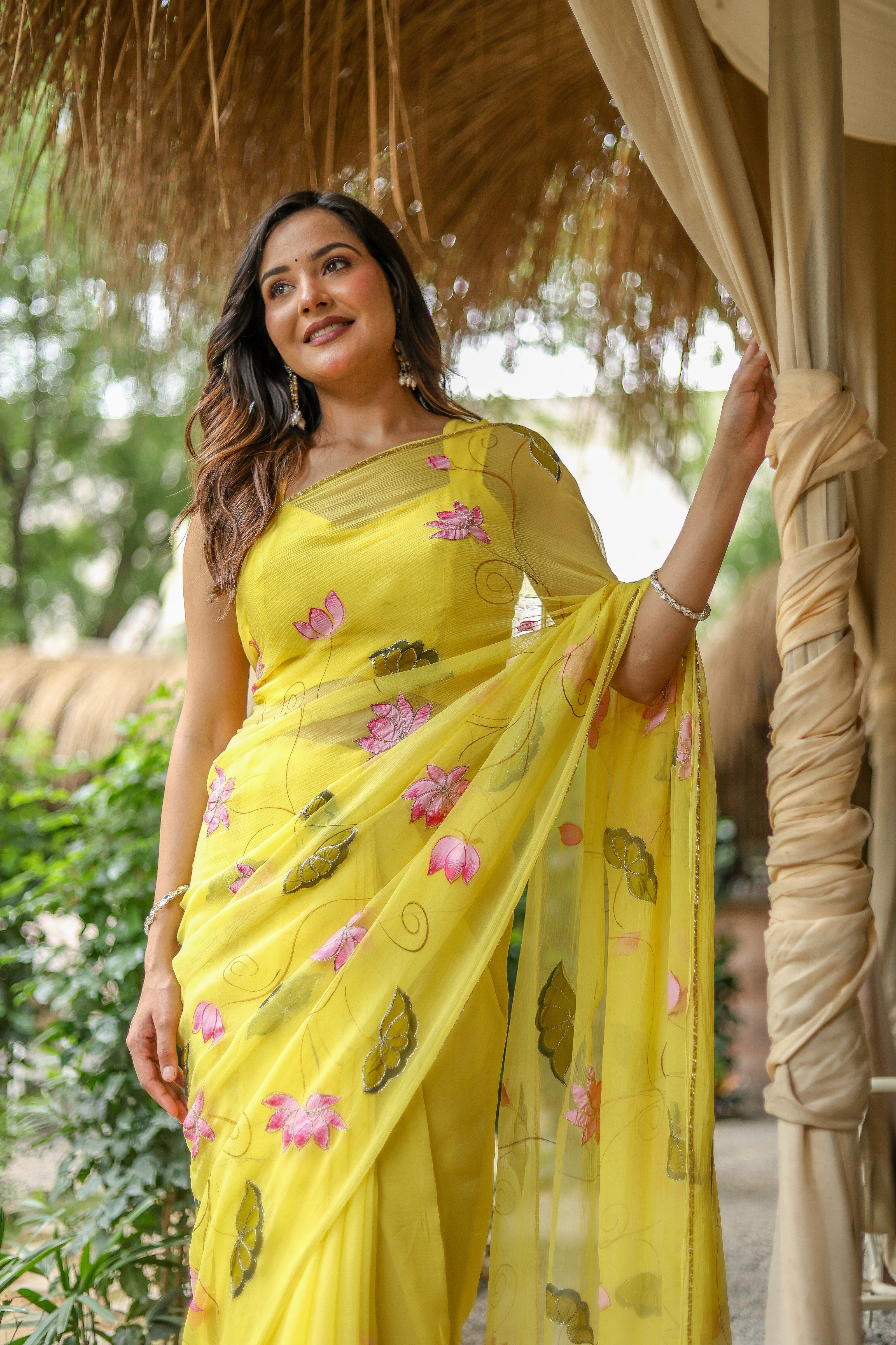 Golden Lotus (Pure Chiffon Hand Painted Saree)