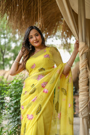 Golden Lotus (Pure Chiffon Hand Painted Saree)