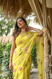 Golden Lotus (Pure Chiffon Hand Painted Saree)