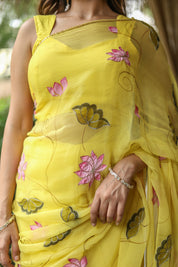 Golden Lotus (Pure Chiffon Hand Painted Saree)