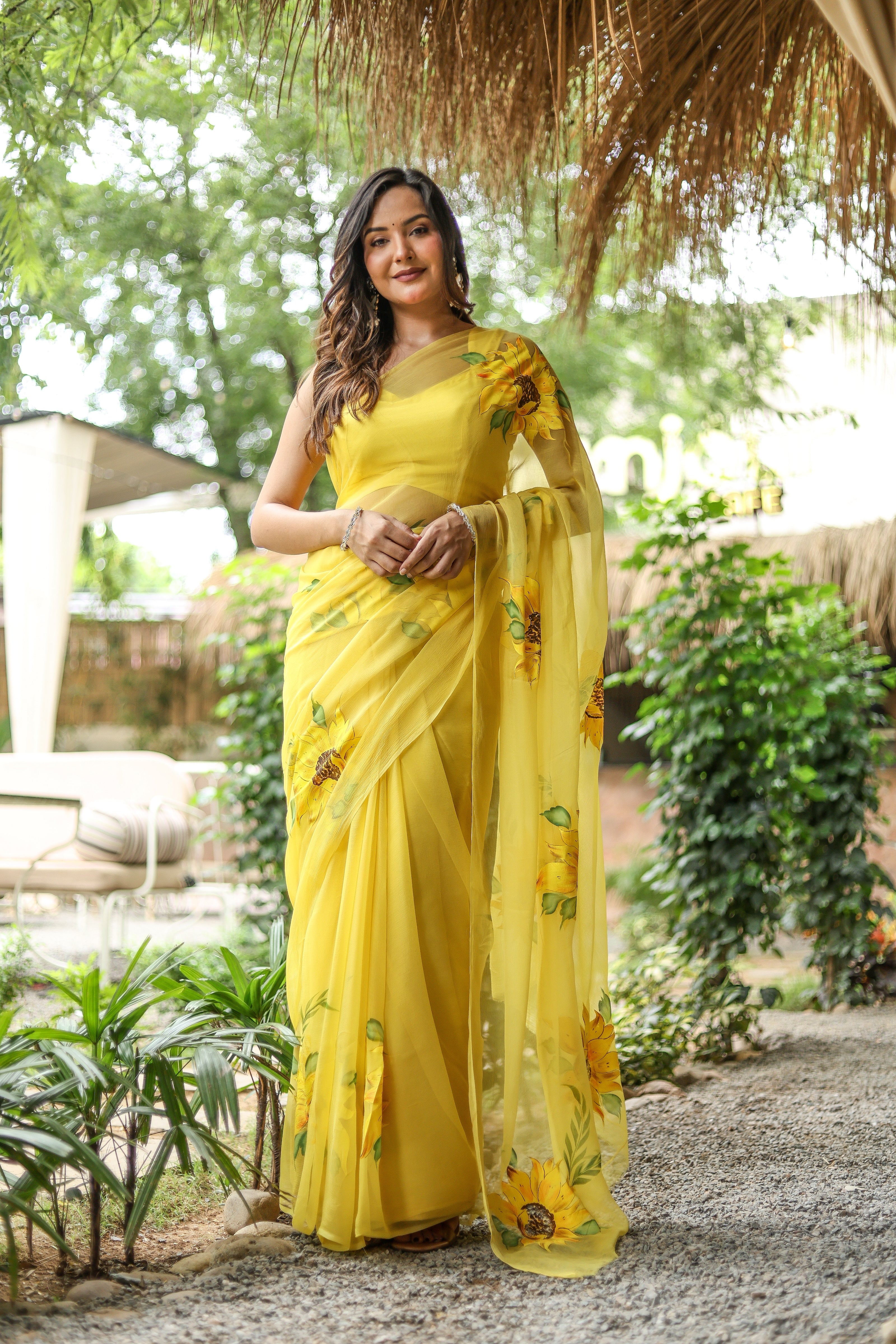 Sunflower Serenade (Pure Chiffon Hand Painted Saree)