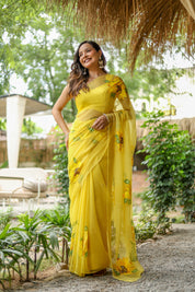 Sunflower Serenade (Pure Chiffon Hand Painted Saree)