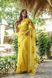 Sunflower Serenade (Pure Chiffon Hand Painted Saree)