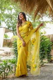 Sunflower Serenade (Pure Chiffon Hand Painted Saree)