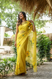 Sunflower Serenade (Pure Chiffon Hand Painted Saree)