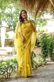 Sunflower Serenade (Pure Chiffon Hand Painted Saree)