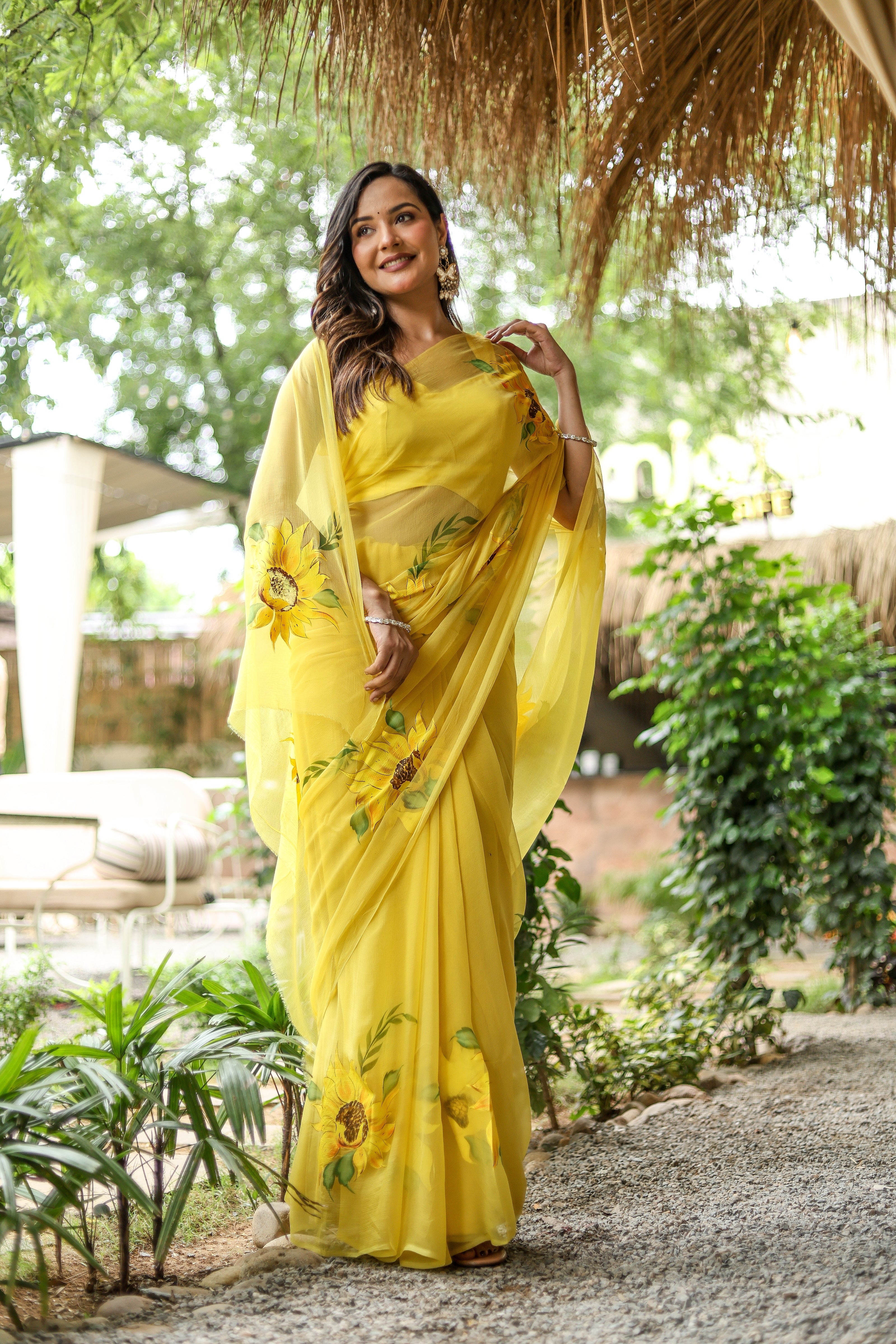 Sunflower Serenade (Pure Chiffon Hand Painted Saree)