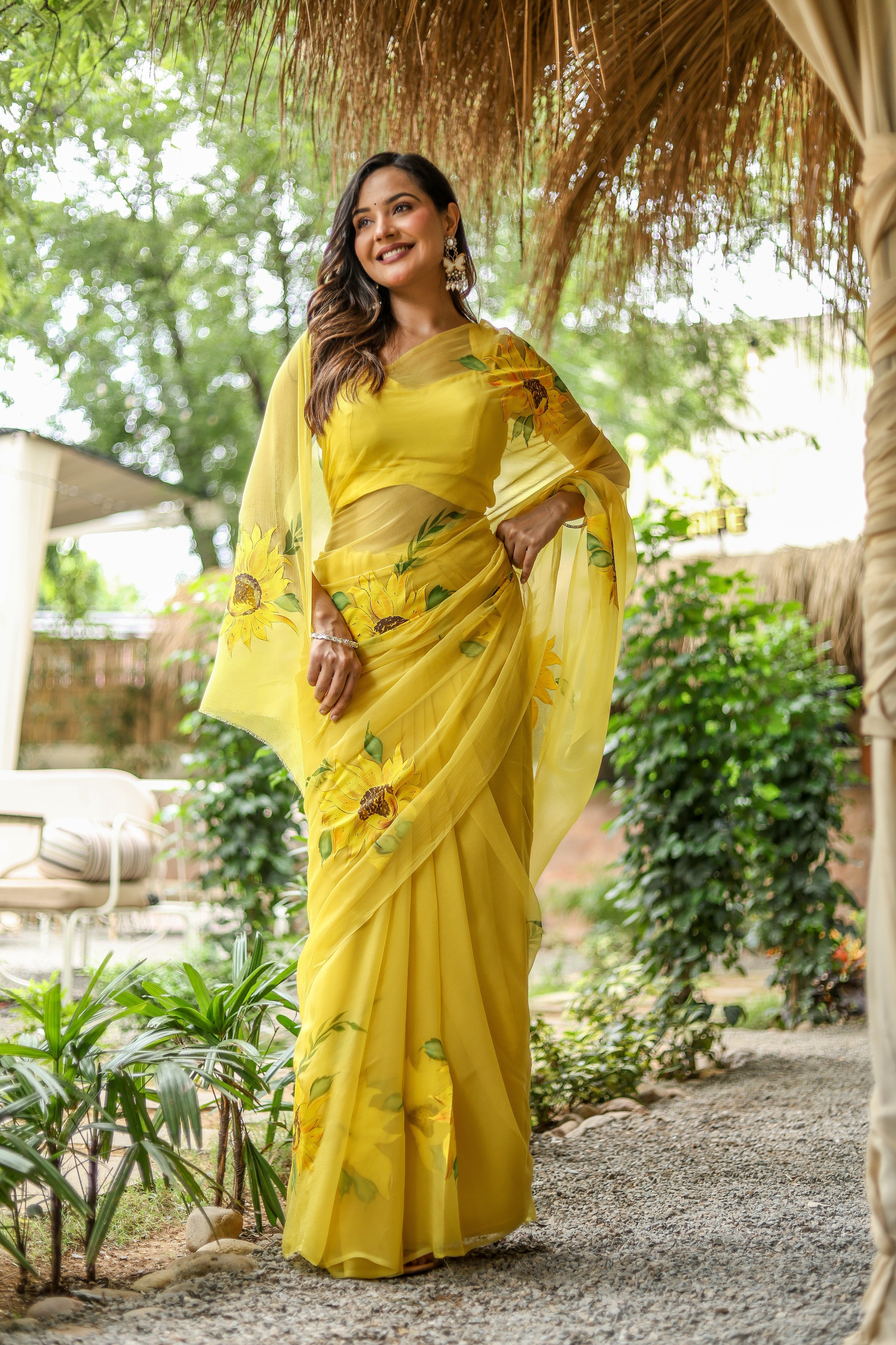 Sunflower Serenade (Pure Chiffon Hand Painted Saree)