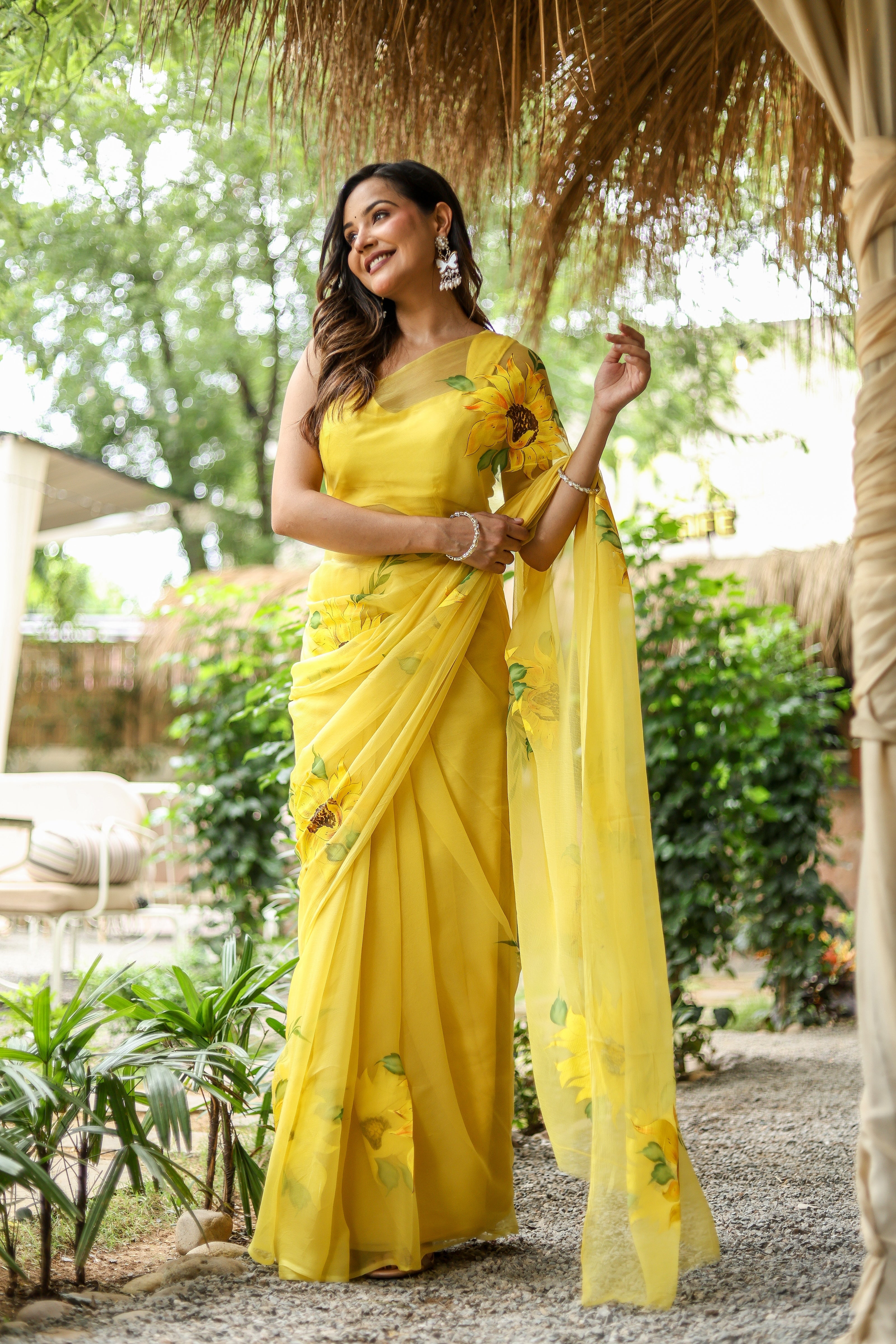 Sunflower Serenade (Pure Chiffon Hand Painted Saree)