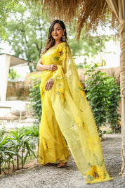 Sunflower Serenade (Pure Chiffon Hand Painted Saree)