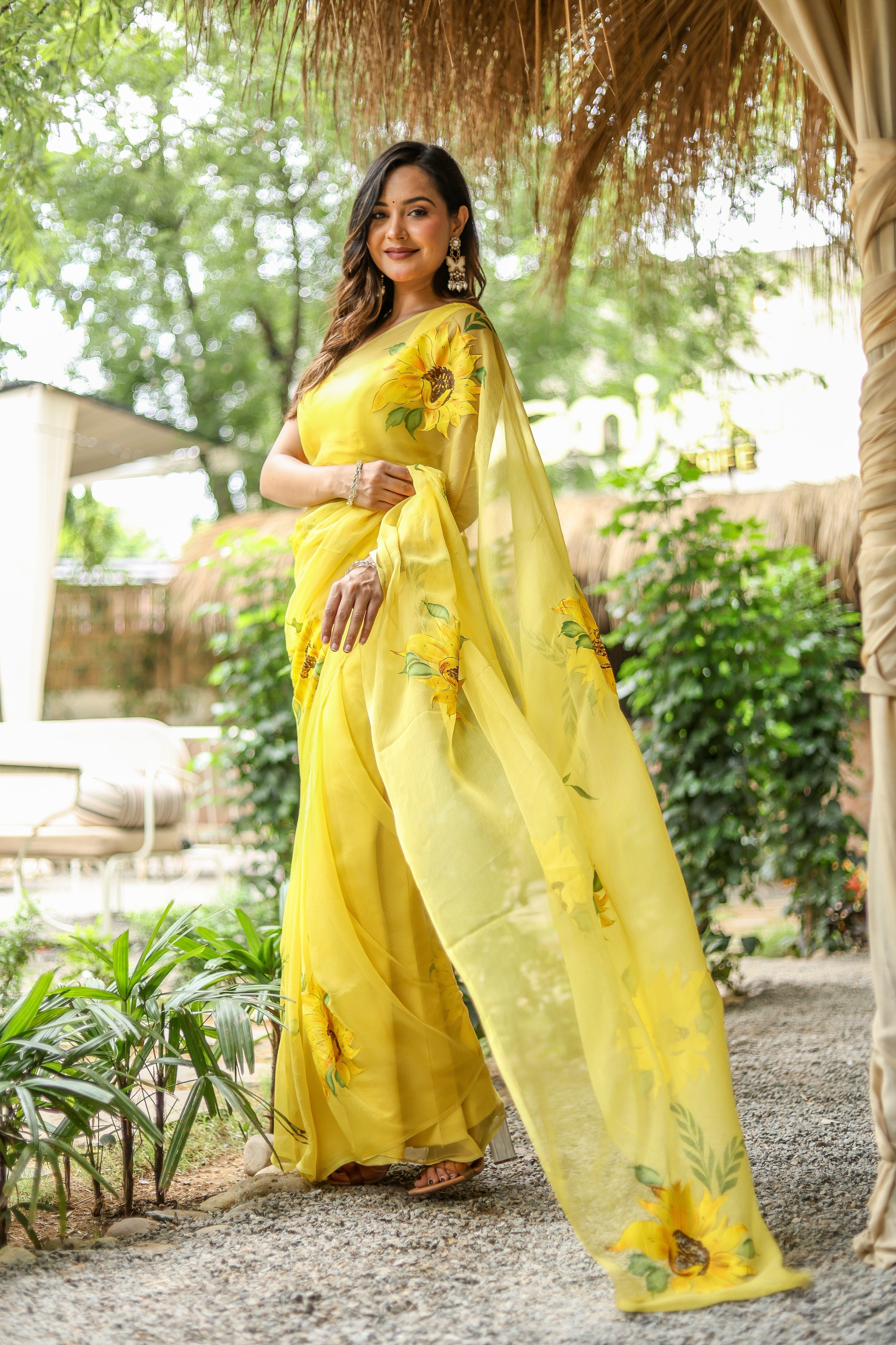 Sunflower Serenade (Pure Chiffon Hand Painted Saree)