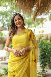 Sunflower Serenade (Pure Chiffon Hand Painted Saree)