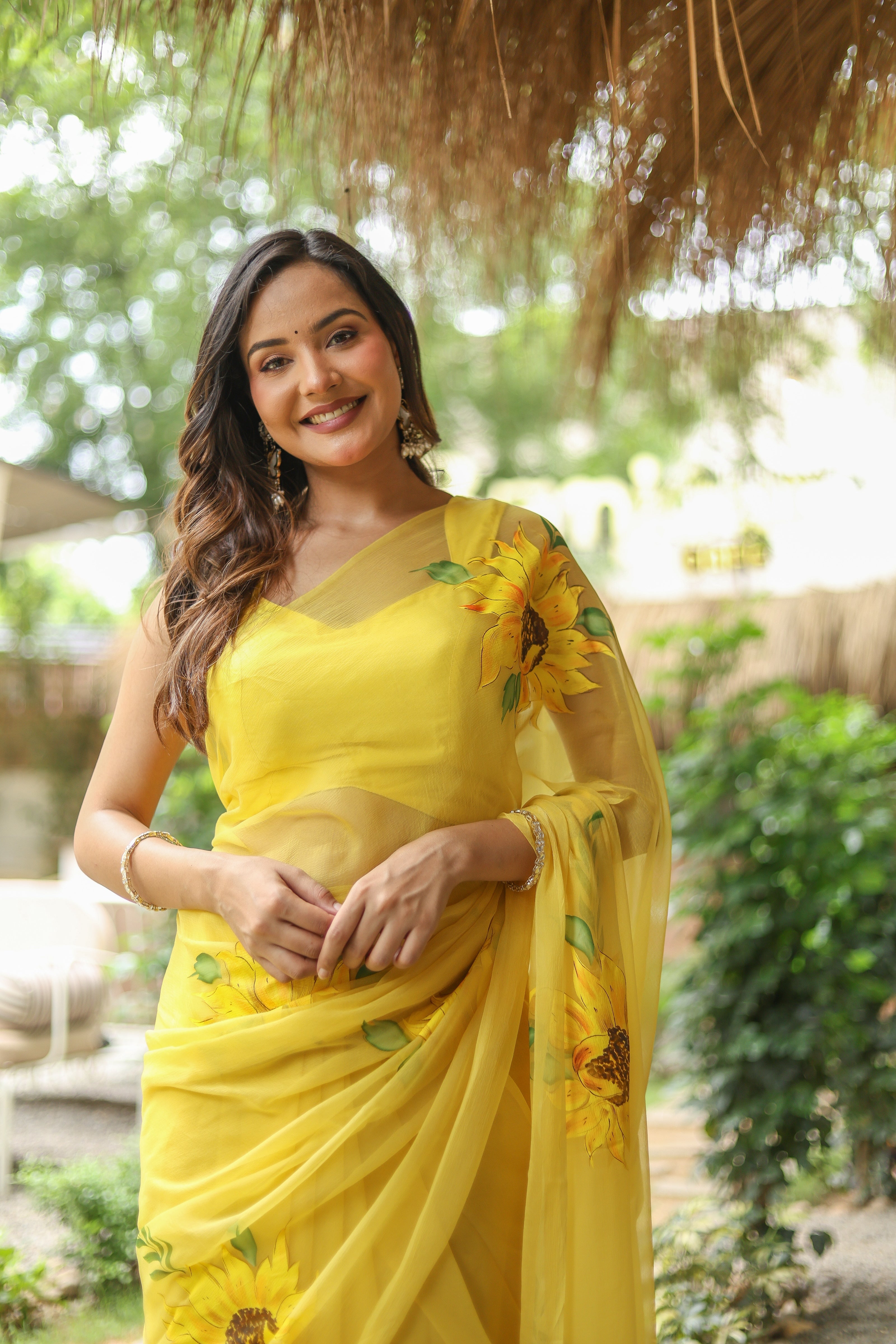 Sunflower Serenade (Pure Chiffon Hand Painted Saree)