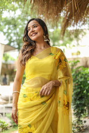 Sunflower Serenade (Pure Chiffon Hand Painted Saree)