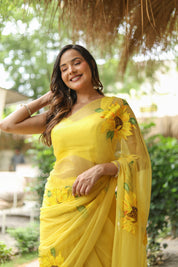 Sunflower Serenade (Pure Chiffon Hand Painted Saree)