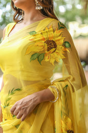 Sunflower Serenade (Pure Chiffon Hand Painted Saree)