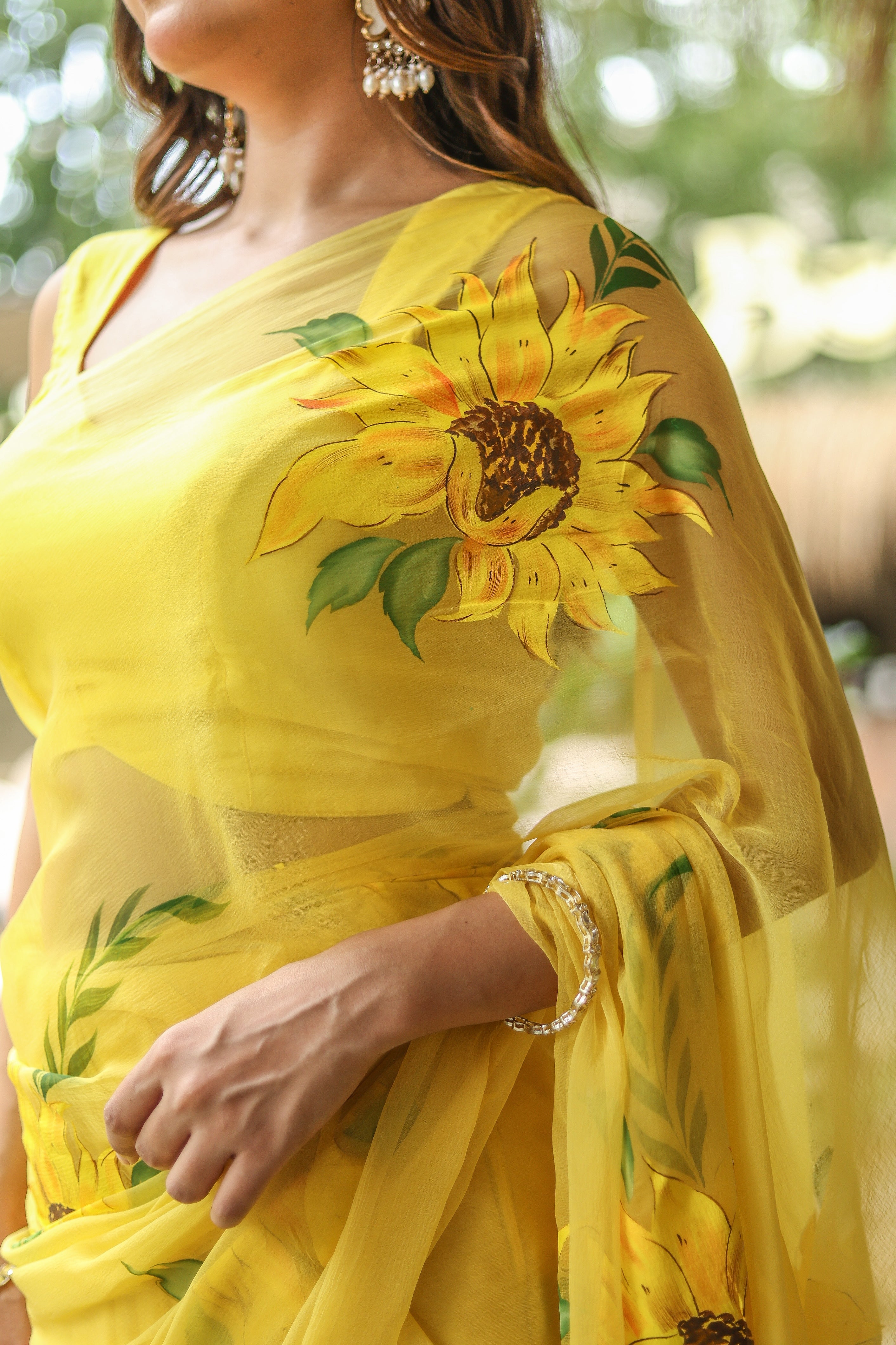 Sunflower Serenade (Pure Chiffon Hand Painted Saree)