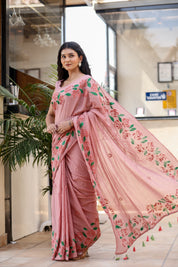 Petal Script (Handpainted Mauve Malmal Saree)